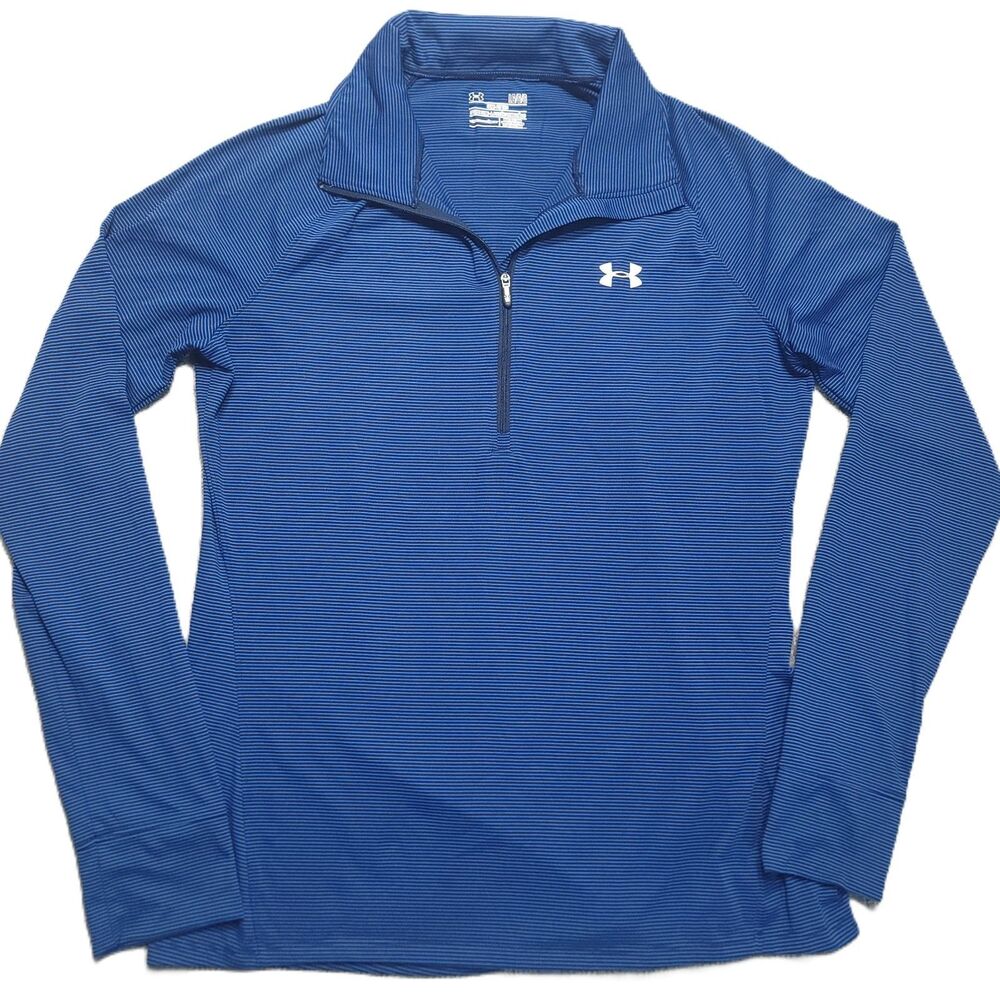 Under Armour Shirt Womens L Semi Fitted Long Sleeve 1/4 Zip Blue Striped Top